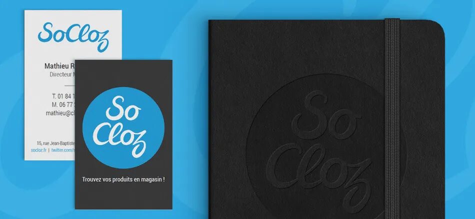 Conception identité visuelle et supports print SoCloz - carte de visite carnet gaufré logo marketplace mode par cubedesigners