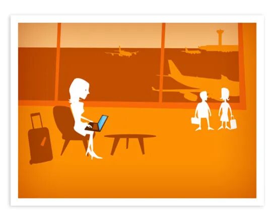Illustration aéroport avec voyageuse et passagers en silhouette.