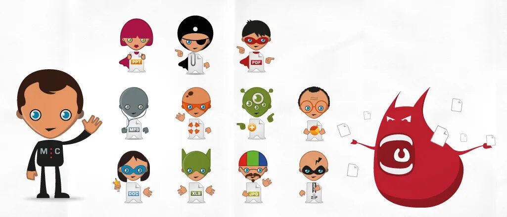 Illustrations de personnages mascottes et monstre rouge.