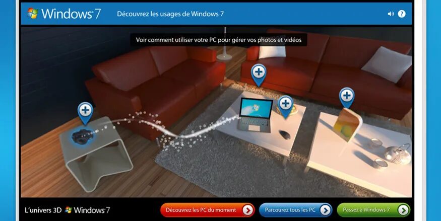 Interface interactive 3D Windows 7 gestion photos et vidéos - navigation points chauds salon connecté par cubedesigners