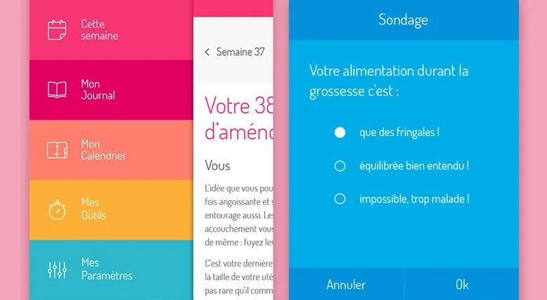 Création interface UX journal et sondage grossesse application La Boîte Rose par cubedesigners