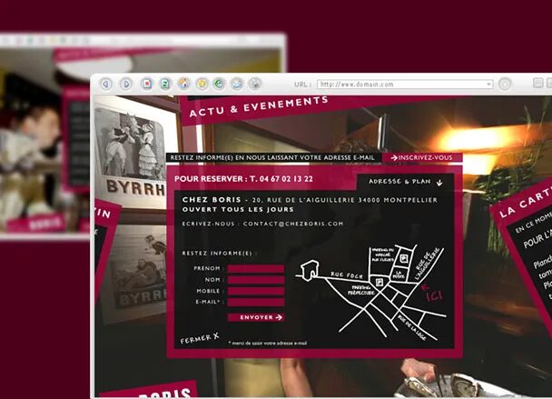 Interface web Chez Boris dédiée aux actualités et réservations, avec formulaire de contact, plan d’accès et identité graphique bordeaux.