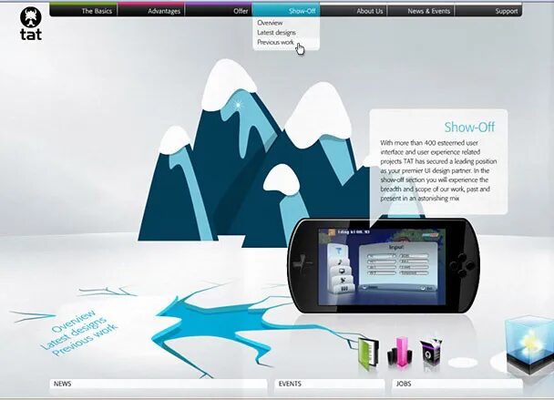 Interface web “tat” avec design illustré en low poly, menu de navigation déroulant et démonstration d’interface mobile interactive