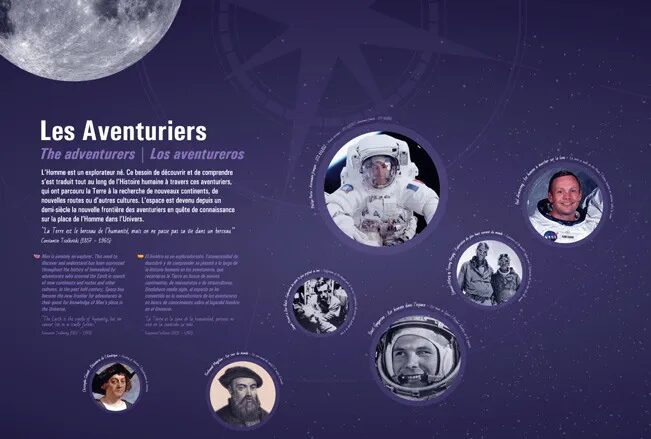 Conception panneau exposition Cité de l'Espace - Les Aventuriers explorateurs astronautes Gagarine Armstrong conquête spatiale par cubedesigners