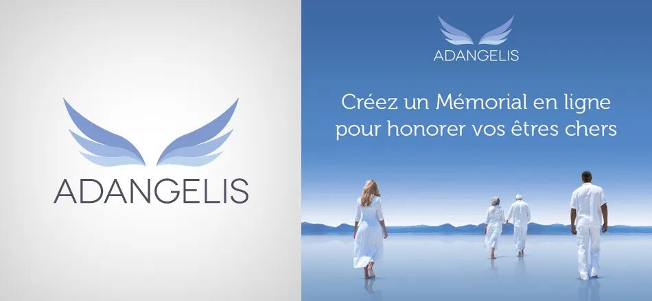 Conception logo et identité visuelle Adangelis - plateforme mémorial en ligne hommage défunts ailes design épuré par cubedesigners