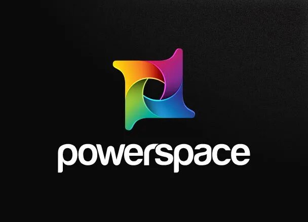 Logo Powerspace avec symbole multicolore sur fond noir.