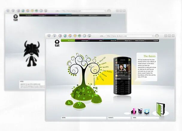 Maquette web TAT présentant une interface utilisateur futuriste avec illustration d’arbre stylisé, smartphone et navigation graphique interactive
