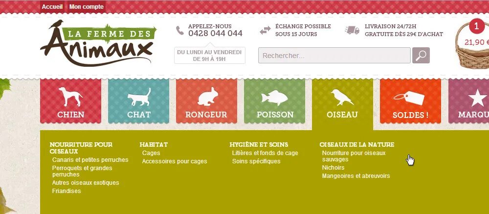 Conception navigation e-commerce La Ferme des Animaux - menu catégories chien chat rongeur poisson oiseau par cubedesigners