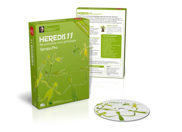 Packaging Heredis 11 Pro avec CD du logiciel de généalogie.