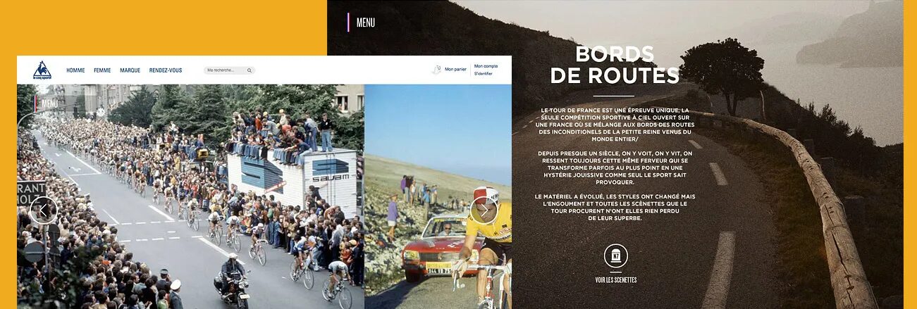 Conception page éditoriale Le Coq Sportif - Bords de Routes Tour de France histoire cyclisme public par cubedesigners