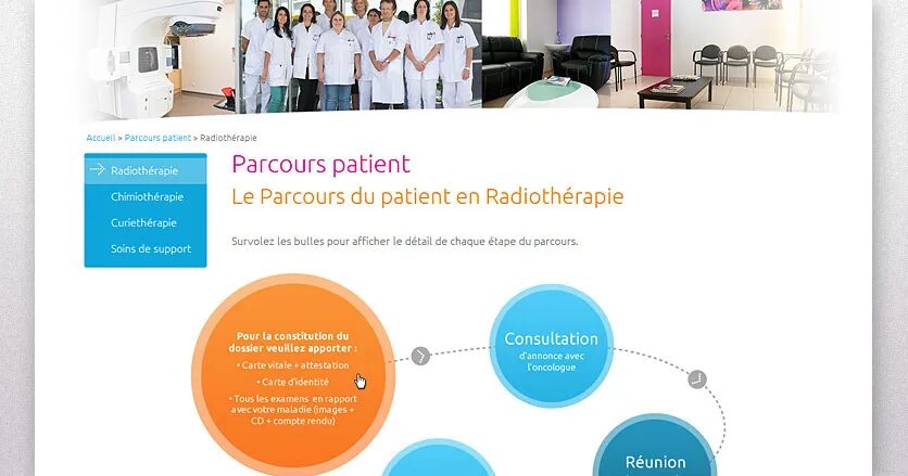 Conception page interactive Centre de Cancérologie du Grand Montpellier - parcours patient radiothérapie étapes consultation équipe médicale par cubedesigners