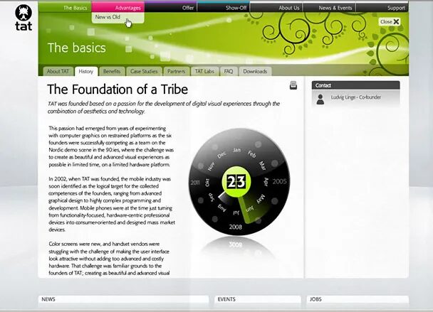 Page “The basics” du site TAT présentant l’histoire et les fondations de l’entreprise, avec design vert illustré et interface circulaire interactive