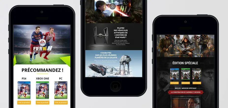 Création pages produits jeux vidéo mobile Fnac FIFA 16 Star Wars Assassin's Creed par cubedesigners