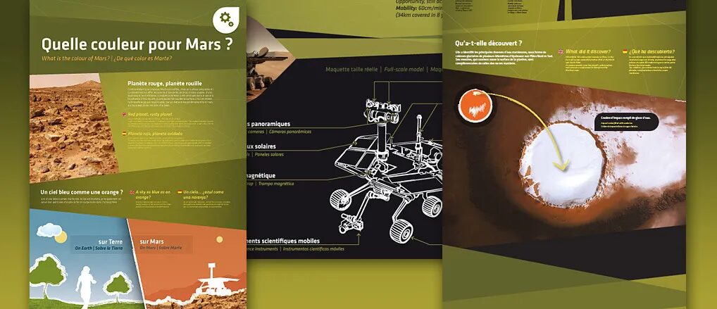 Conception panneaux exposition Cité de l'Espace - couleur Mars planète rouge rover Opportunity maquette scientifique multilingue par cubedesigners