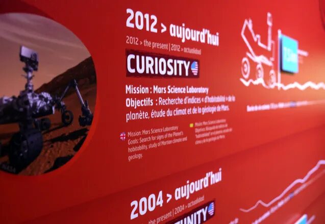 Conception panneau exposition Cité de l'Espace - mission Curiosity Mars Science Laboratory habitabilité géologie planète rouge 2012 par cubedesigners