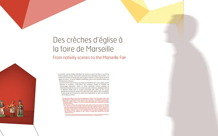 Conception panneau muséographique Cité de l'art santonnier Aubagne - histoire crèches église foire de Marseille santons provençaux par cubedesigners