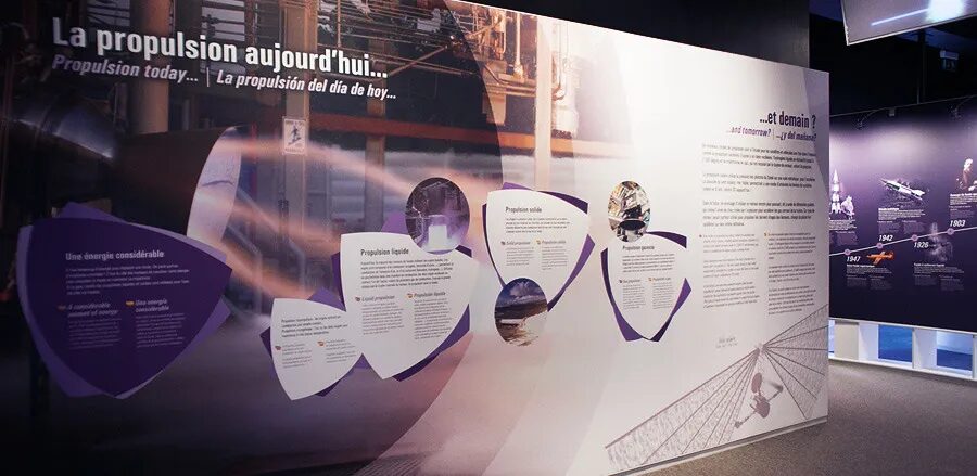 Conception scénographie exposition Cité de l'Espace - panneau propulsion spatiale liquide solide gazeuse aujourd'hui et demain par cubedesigners