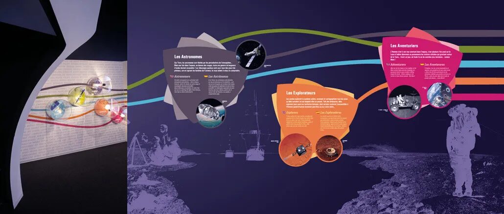 Conception scénographie exposition Cité de l'Espace - parcours astronomes explorateurs aventuriers conquête spatiale multilingue par cubedesigners