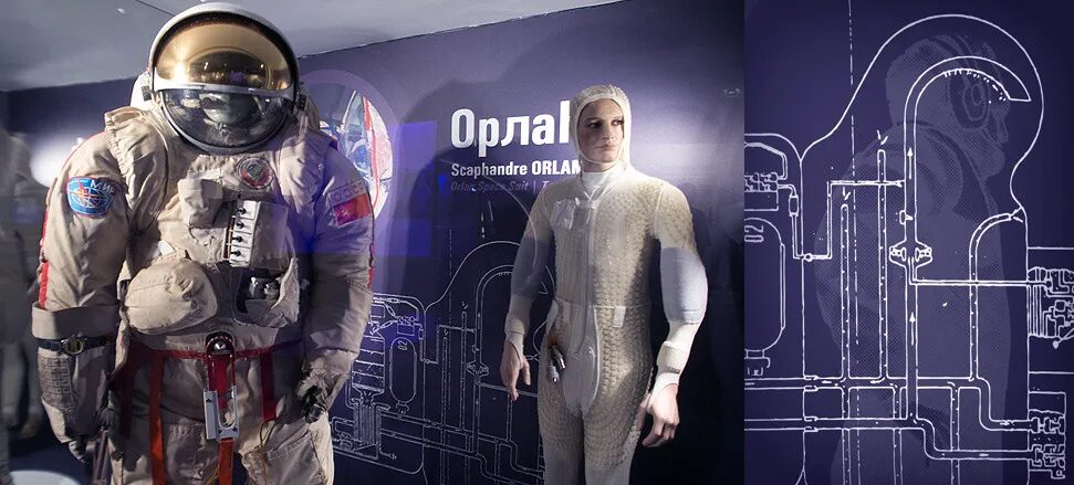 Conception scénographie exposition Cité de l'Espace - scaphandre Orlan combinaison spatiale russe astronaute par cubedesigners