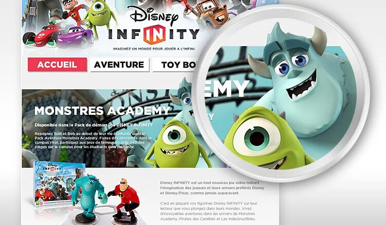Conception site web Disney Infinity - page Monstres Academy Sulli Bob jeu vidéo univers Disney Pixar par cubedesigners