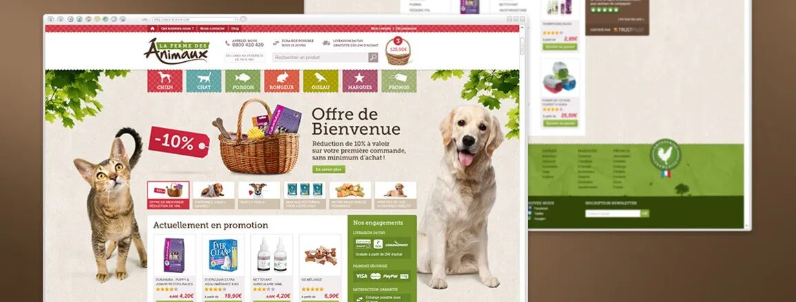 Conception site e-commerce La Ferme des Animaux - design boutique en ligne animalerie chien chat par cubedesigners