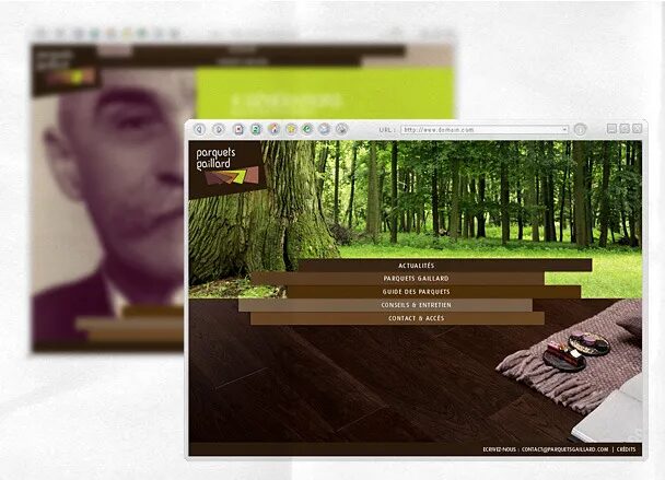 Site Parquets Gaillard avec visuel de forêt et parquet.