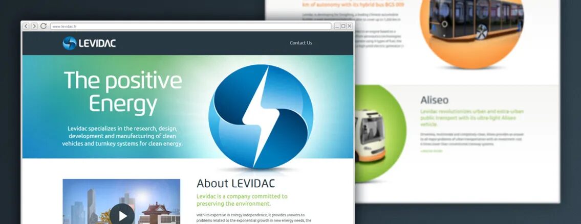 Conception site web Levidac - positive energy véhicules électriques propres Aliseo transport urbain par cubedesigners