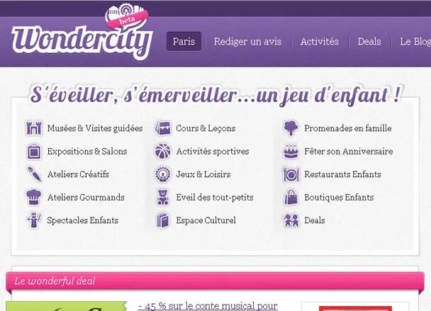 Site Wondercity avec catégories d’activités pour enfants.