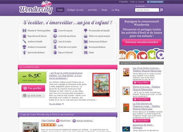 Site Wondercity avec deals et activités enfants.