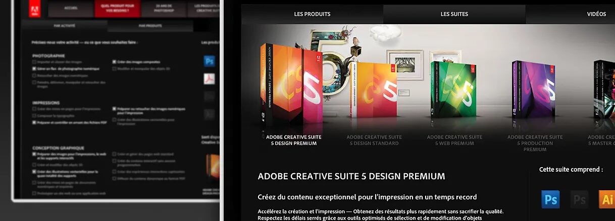 Visuel Adobe Creative Suite 5 avec sélection de produits.