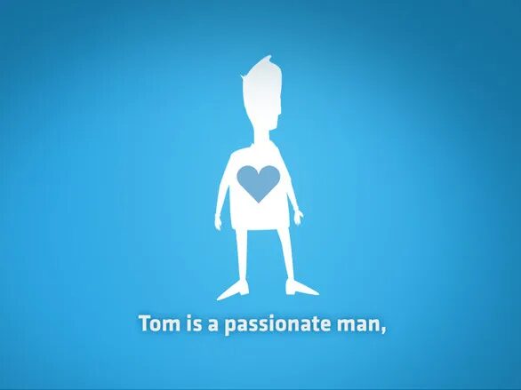 Visuel animé avec personnage Tom passionné.