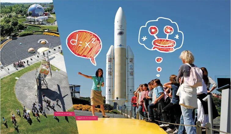 Visuel pédagogique sur la Cité de l’espace avec fusée Ariane.