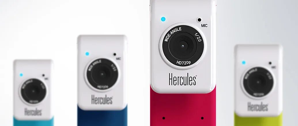 Webcams Hercules HD720 colorées avec gros plan produit.